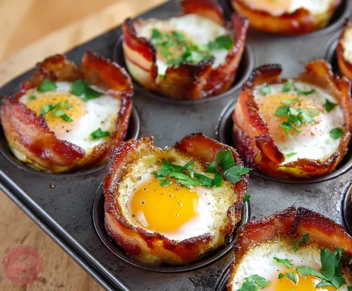 Delicious bacon and egg breakfast cups served in a muffin tin, perfect for a hearty morning meal