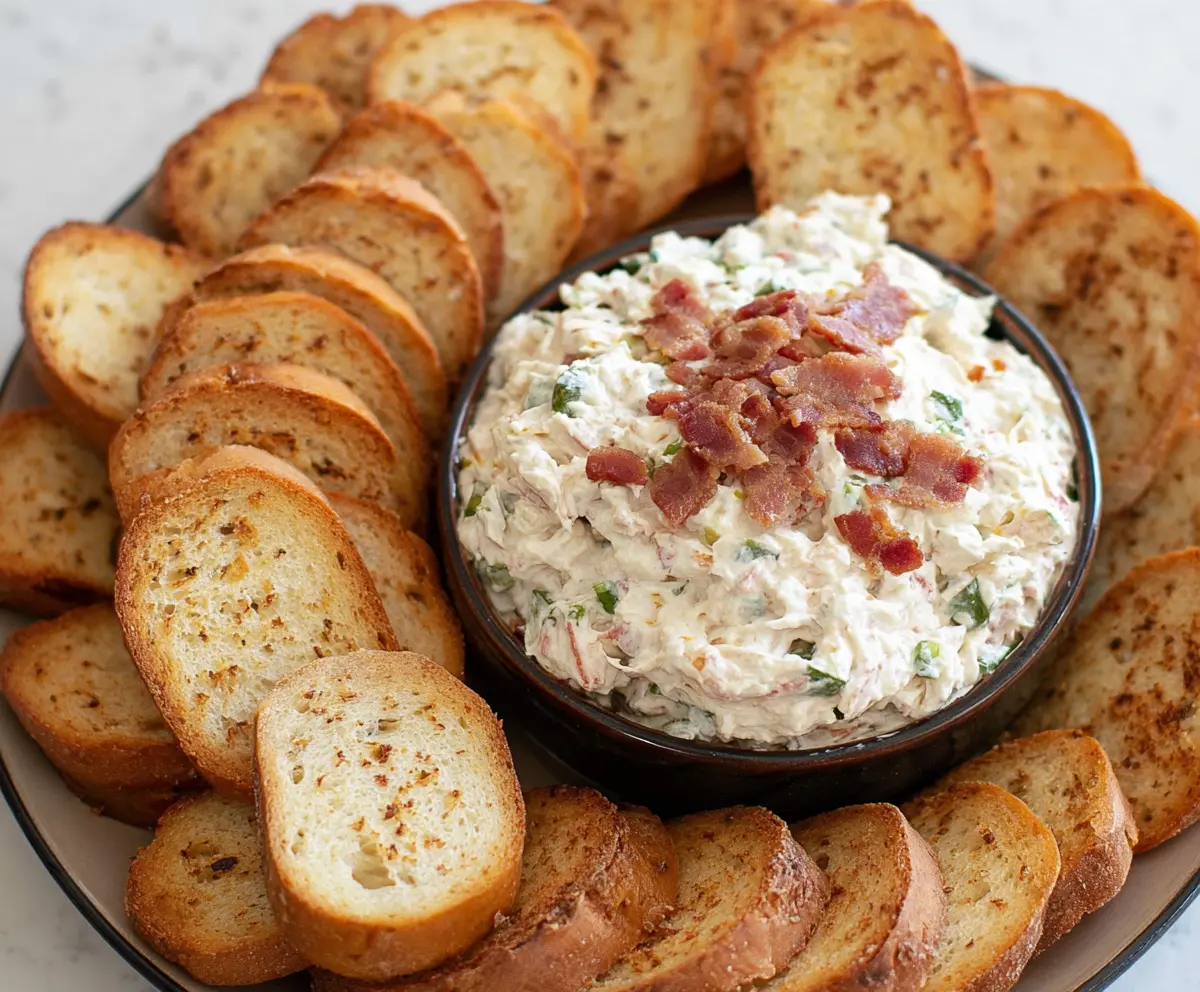 Creamy bacon jalapeño cream cheese dip served in a bowl, garnished with chopped green onions and crispy bacon pieces.