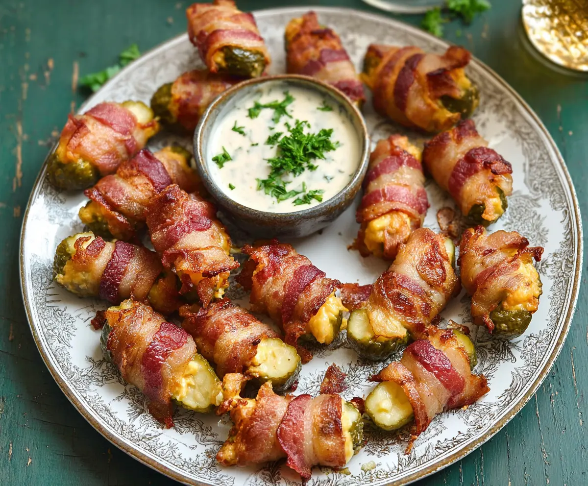 Delicious Bacon Pickle Poppers with crispy bacon wrapped around tangy pickles.