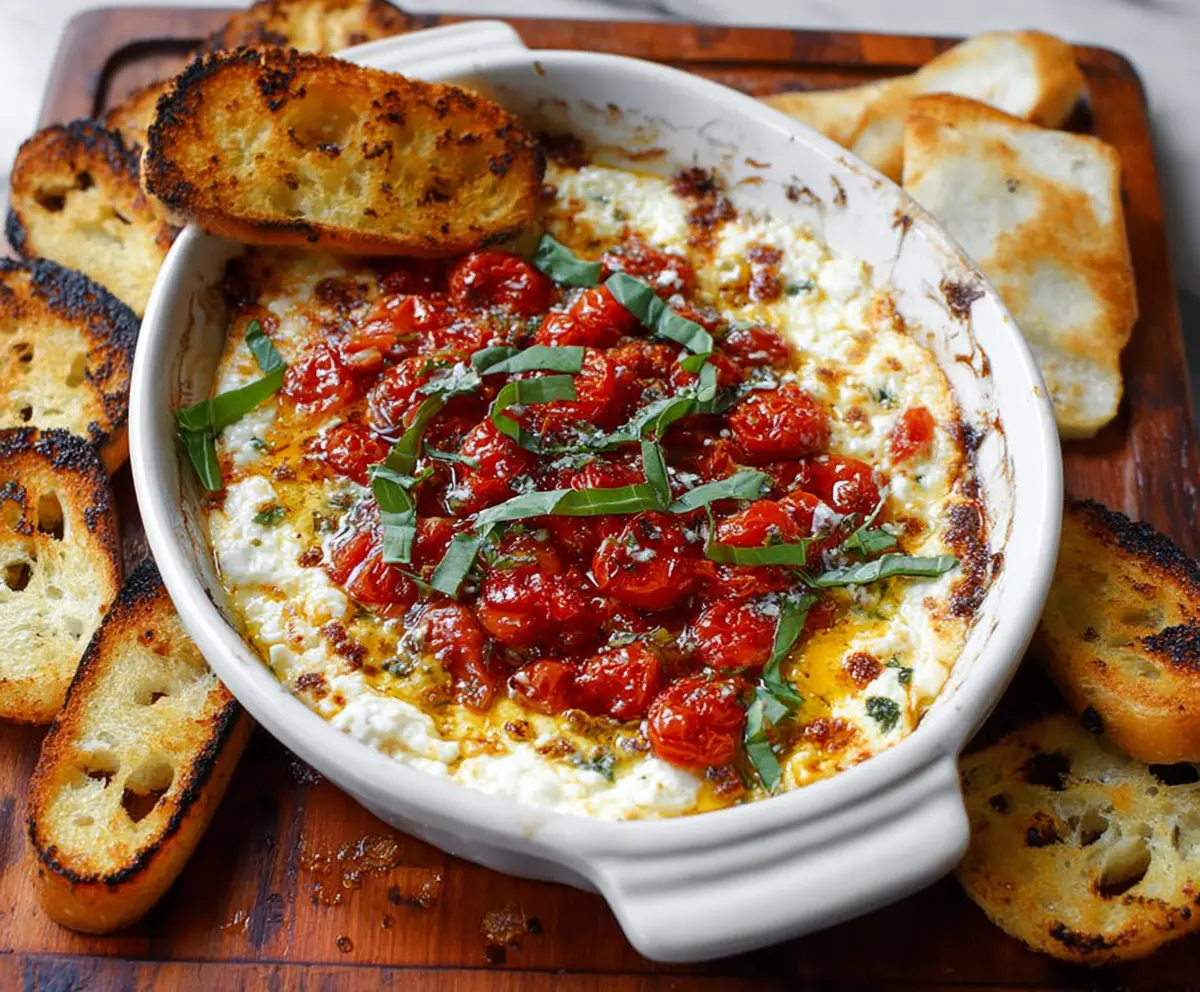 Creamy baked goat cheese bruschetta dip served with toasted baguette slices, perfect for appetizers.