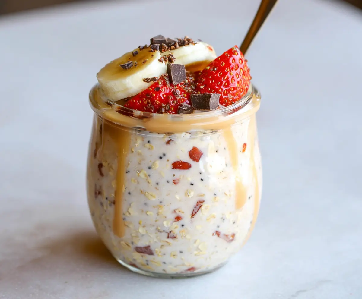 Delicious Banana Split Overnight Oats topped with fresh fruit and nuts in a glass jar