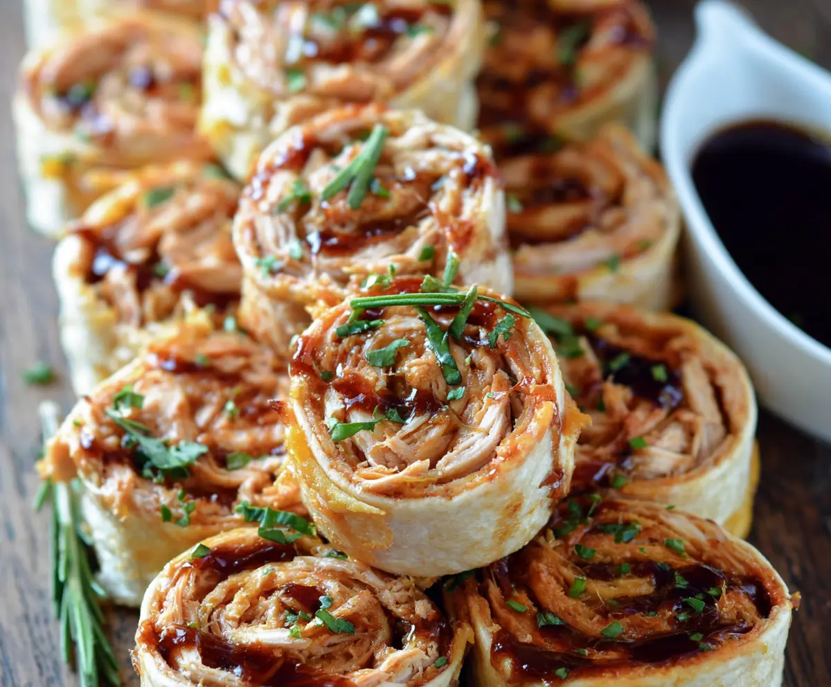 Delicious BBQ Chicken Cheddar Pinwheels on a platter, perfect for parties and snacks.