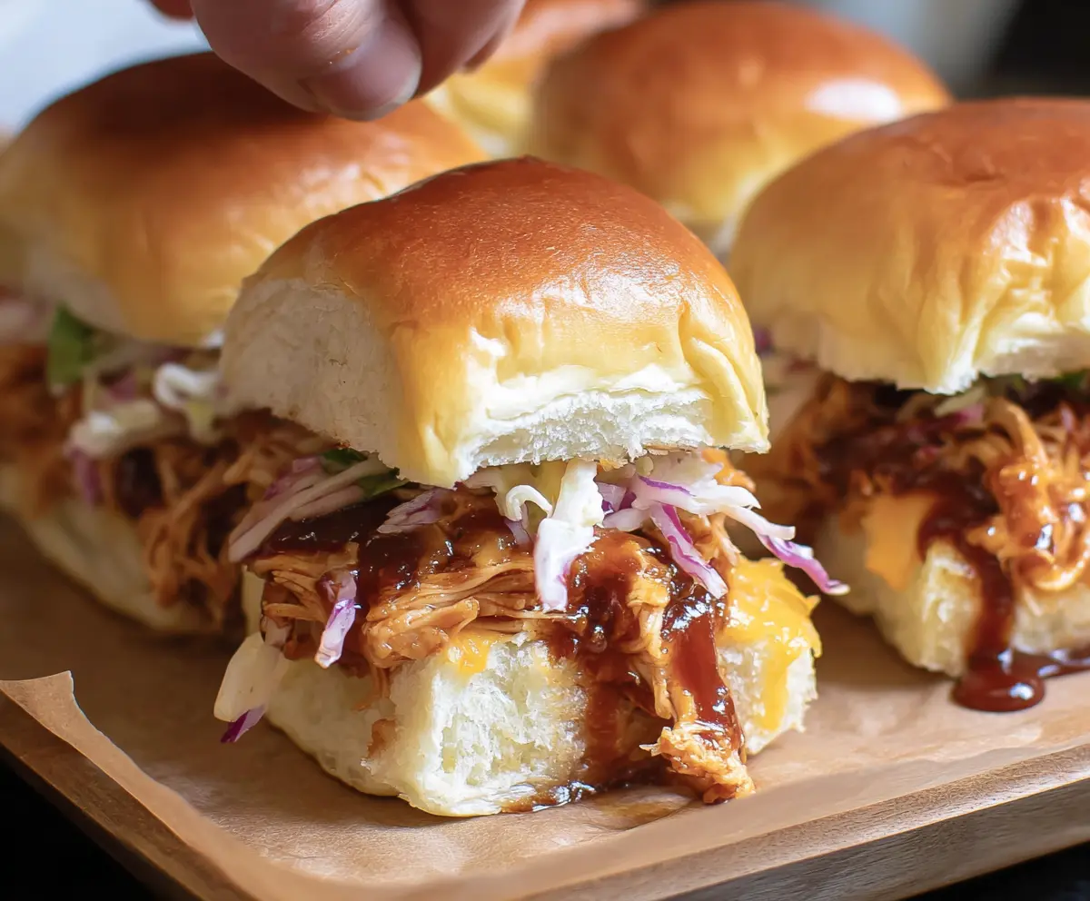 Delicious BBQ chicken sliders with melted cheese and fresh toppings on a white plate.
