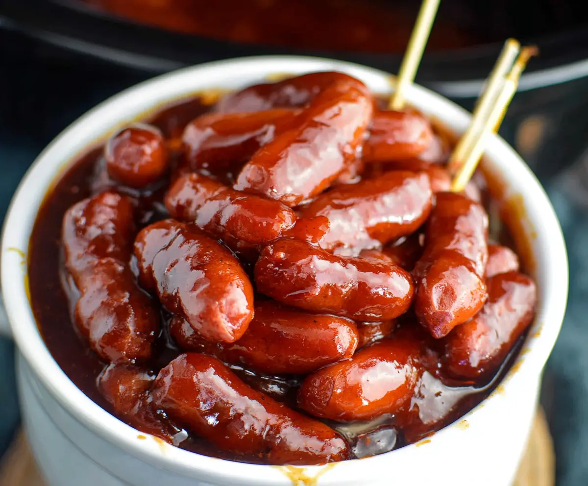 Delicious BBQ Little Smokies cooked in a crock pot, perfect for party appetizers.