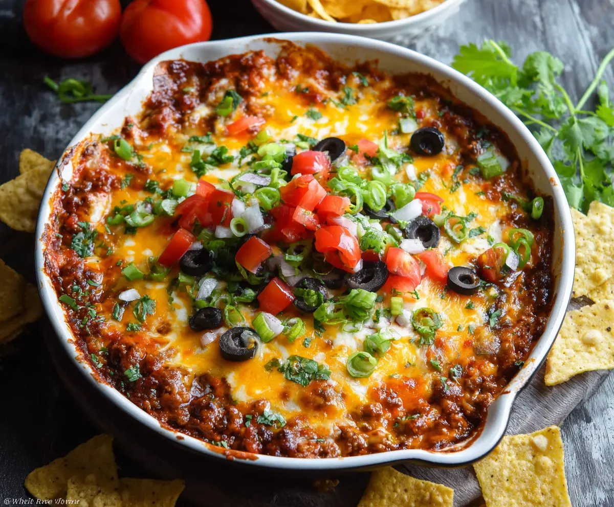 Delicious beefy taco dip with layers of seasoned ground beef, melted cheese, and fresh toppings served in a bowl.