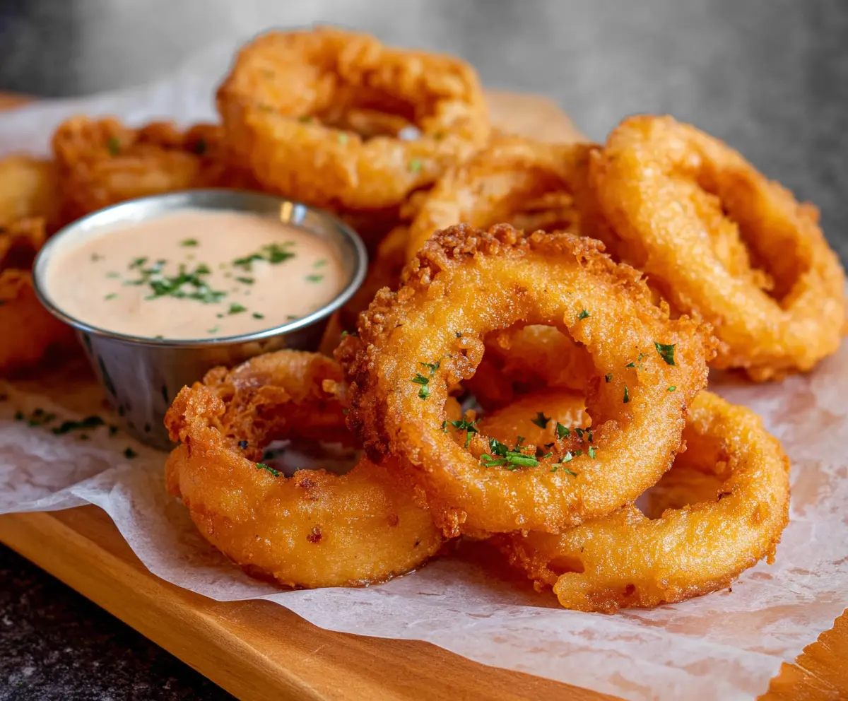 Crispy beer battered onion rings served with dipping sauce