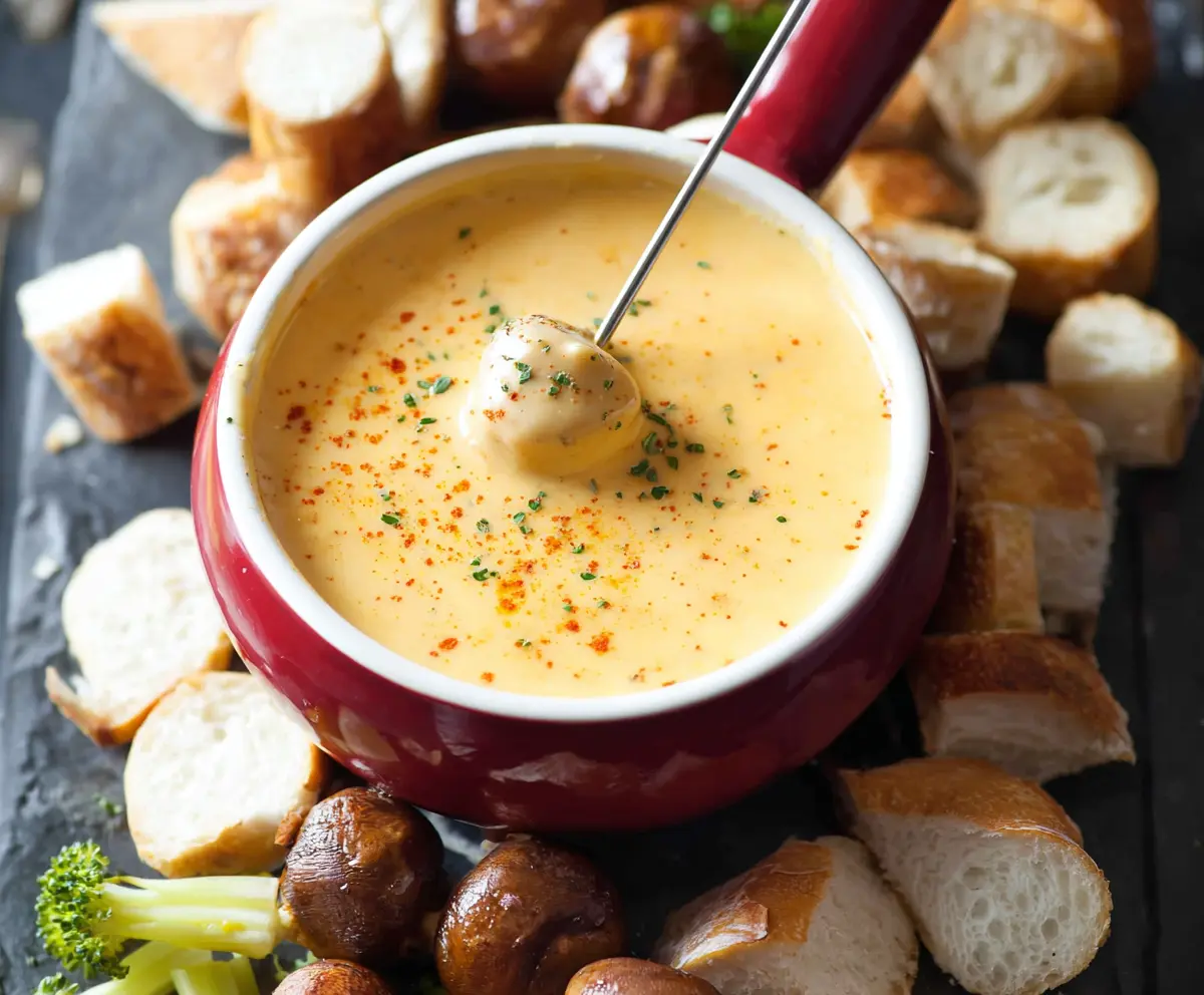 Creamy Beer Cheese Fondue served in a rustic bowl with bread chunks for dipping.