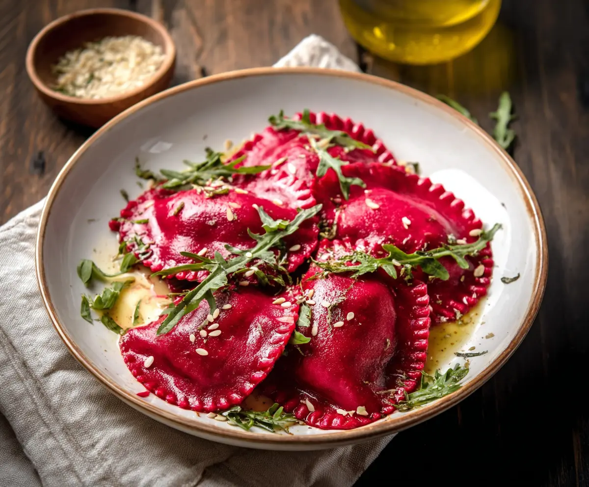 Delicious beet ravioli on a white plate with fresh herbs and a drizzle of olive oil.