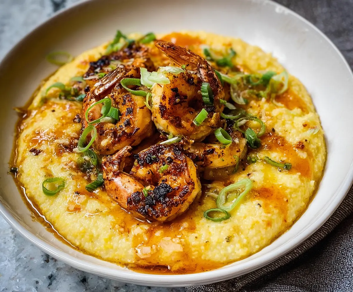 Delicious blackened shrimp served over creamy cheesy grits on a rustic plate.