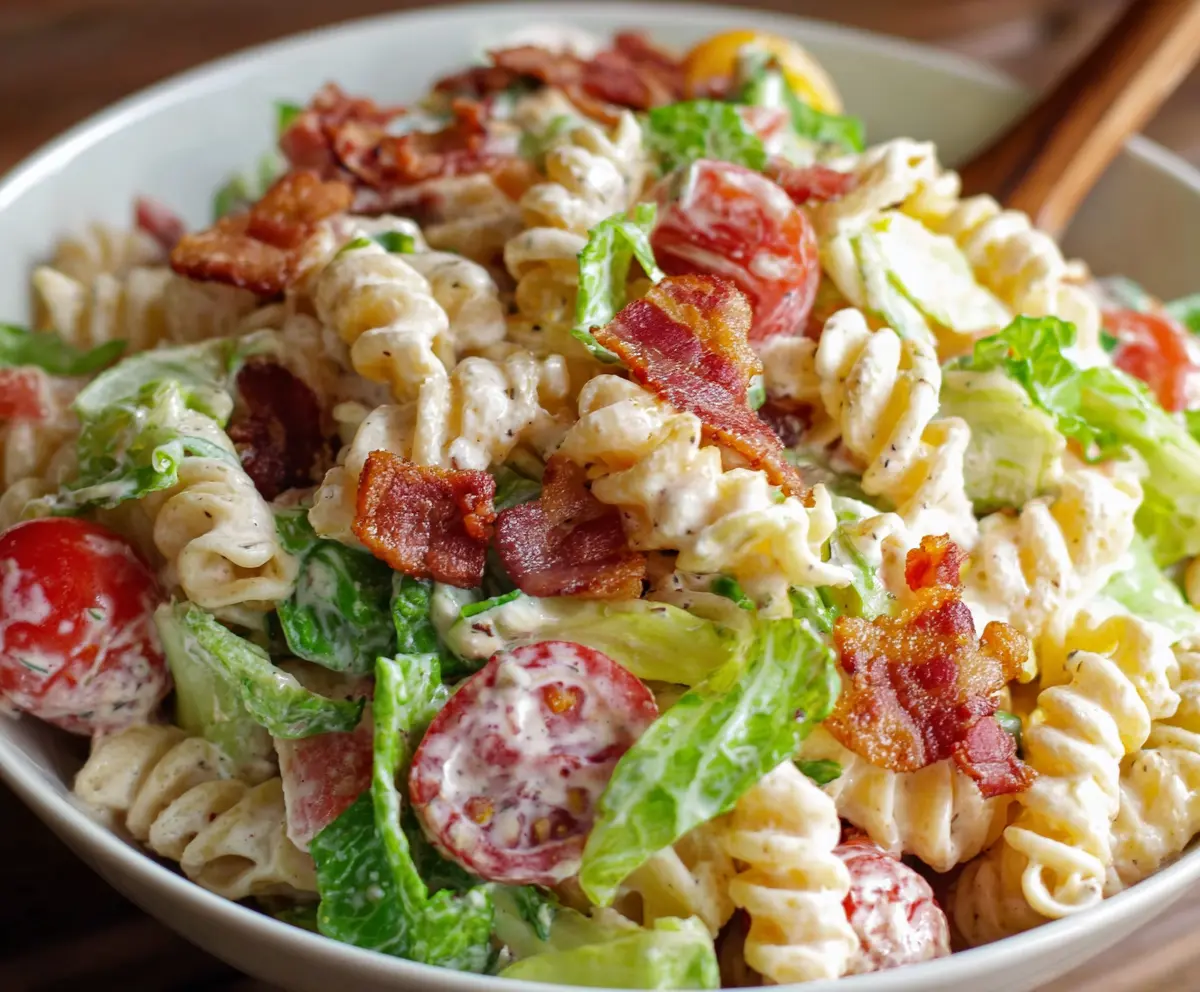 Creamy BLT Pasta Salad with crispy bacon, fresh lettuce, and ripe tomatoes garnished with herbs.