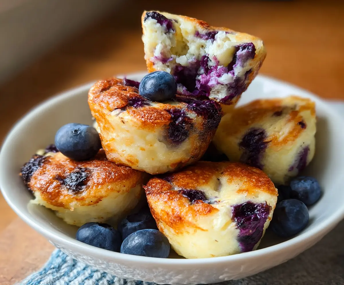 Delicious Blueberry Cottage Cheese Pancake Bites served on a plate with fresh blueberries.