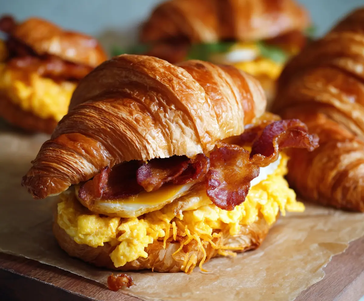 Delicious breakfast croissant sandwich filled with eggs, cheese, and bacon on a plate.