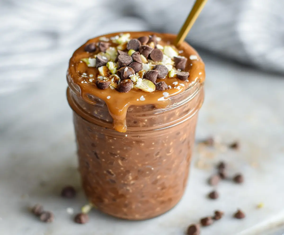 Creamy brownie batter overnight oats in a glass jar with chocolate swirls on top.