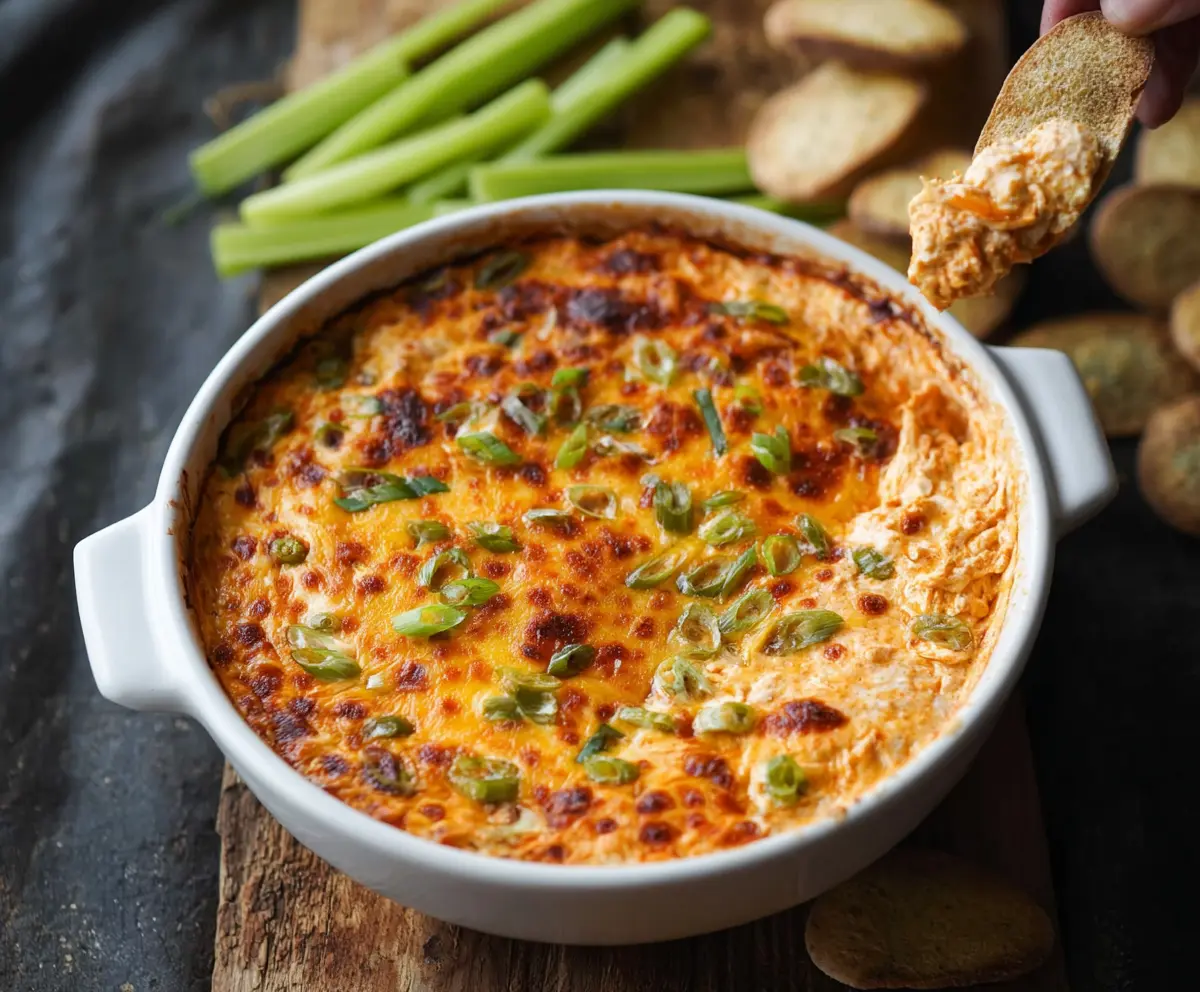 Creamy buffalo chicken dip with shredded chicken, cheese, and hot sauce served as a spicy appetizer.