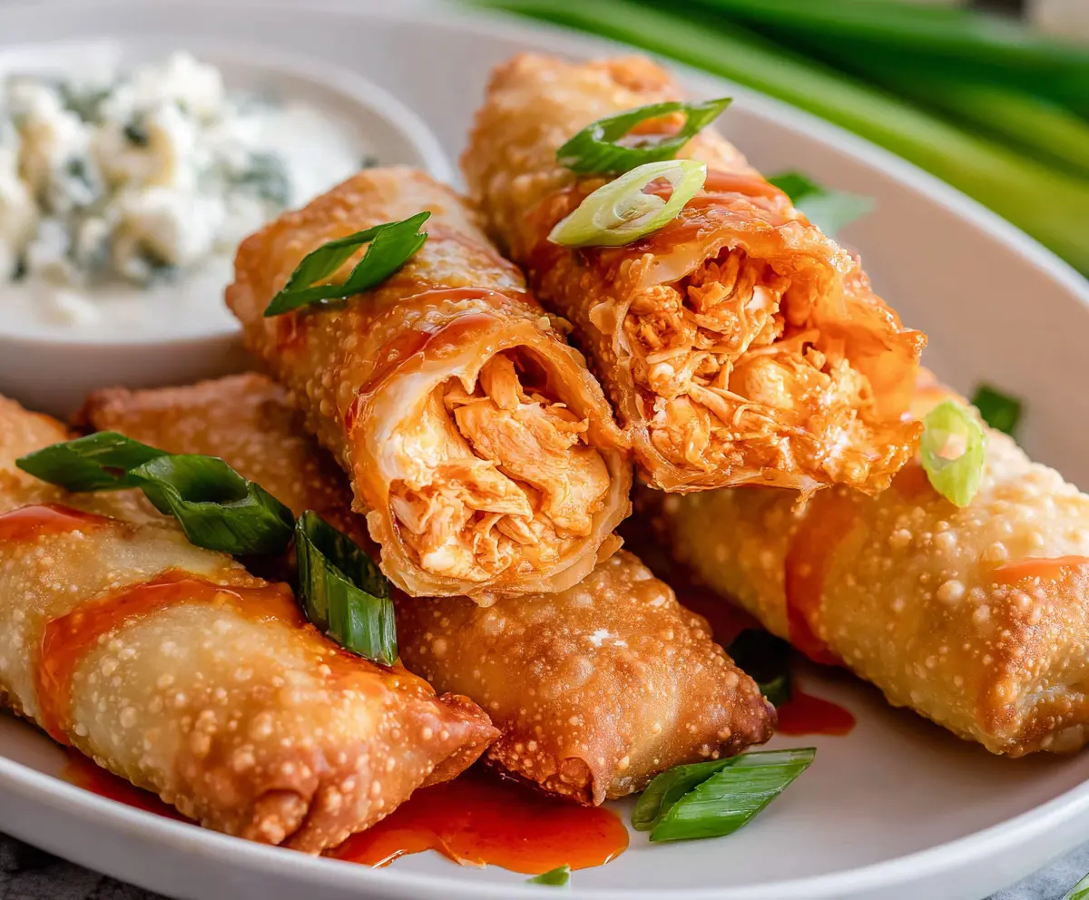 Crispy buffalo chicken egg rolls served with blue cheese dip on a wooden platter.