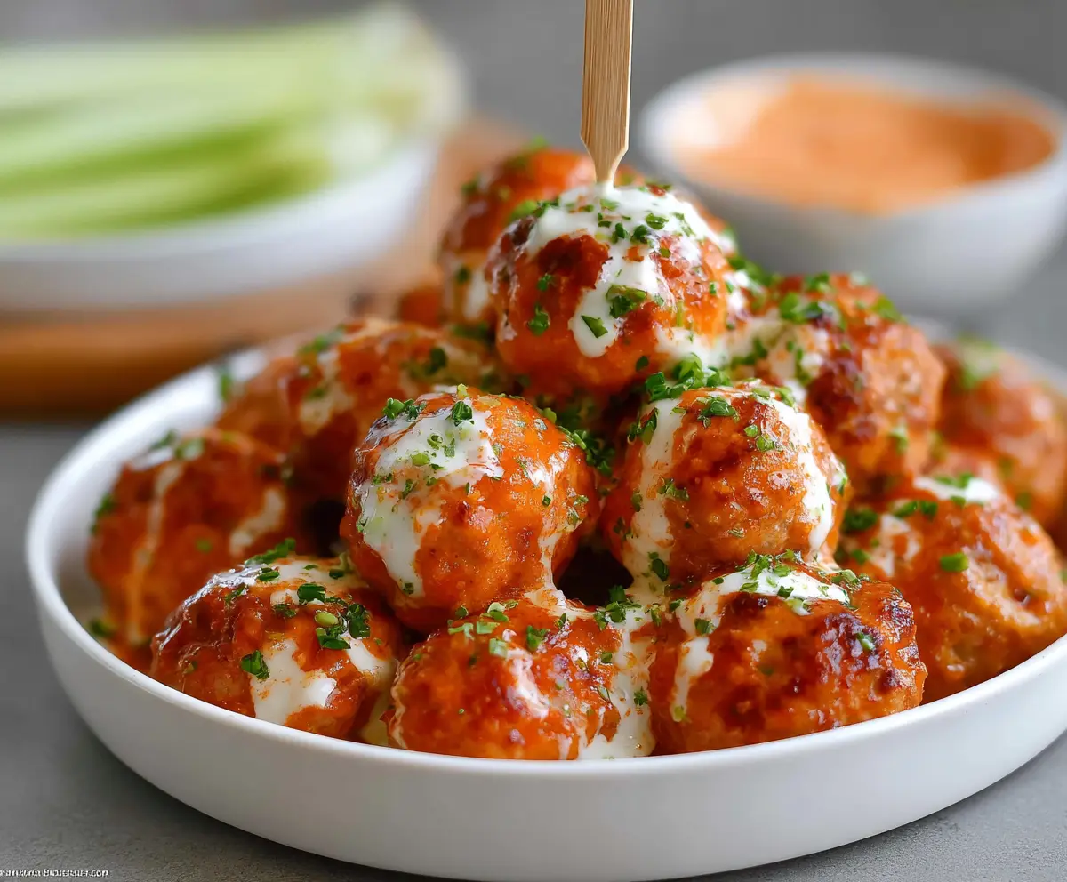 Delicious buffalo chicken meatballs garnished with fresh herbs, perfect for appetizers or snacks.