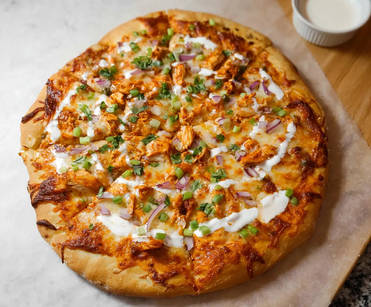 Delicious Buffalo Chicken Pizza topped with spicy buffalo sauce, melted cheese, and crispy chicken pieces.
