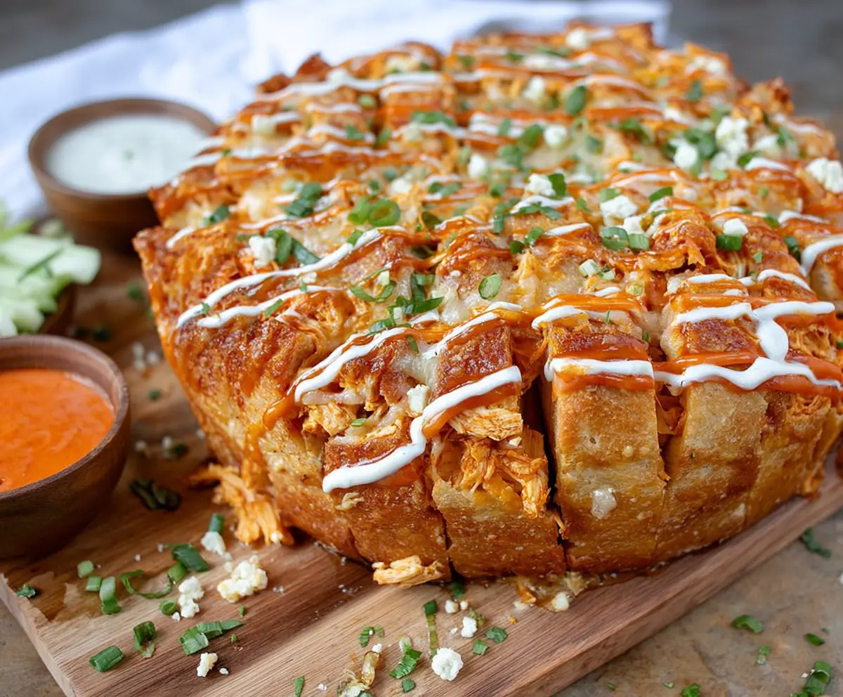 Delicious Buffalo Chicken Pull Apart Bread topped with melted cheese and spicy buffalo sauce.