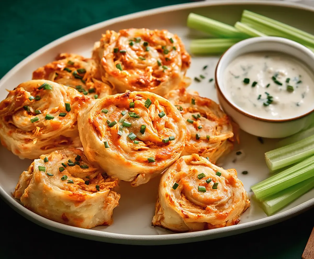 Delicious Buffalo Chicken Ranch Pinwheels with creamy filling and crispy wrap slices.