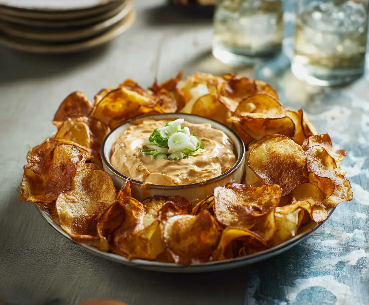 Crispy buffalo chips served with spicy Louisiana hot dip for a flavorful appetizer.