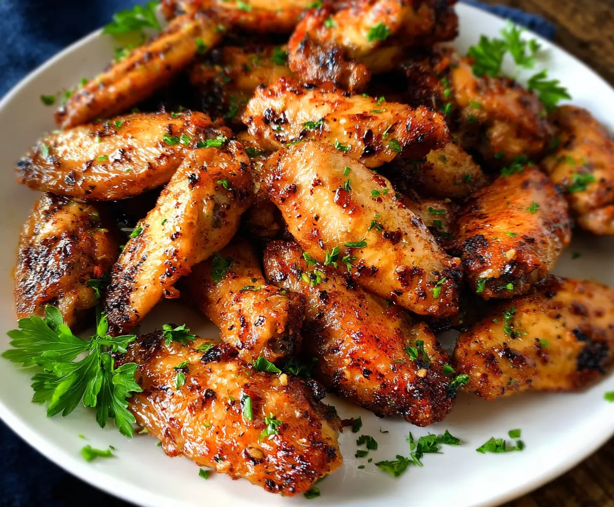 Juicy Cajun Garlic Chicken Wings served on a plate with fresh herbs