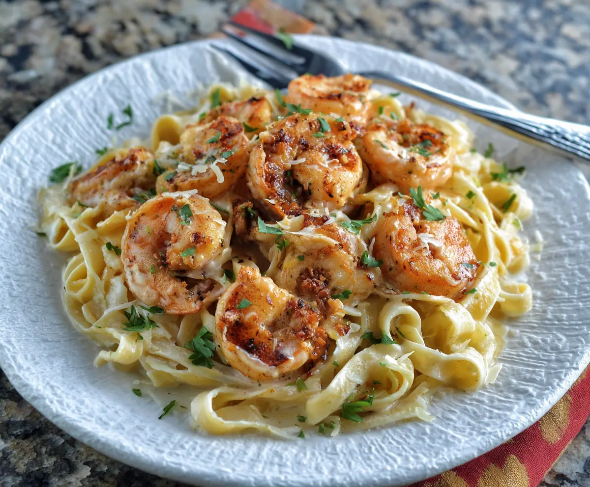 Creamy Cajun Shrimp Alfredo with pasta, garnished with herbs, on a white plate.