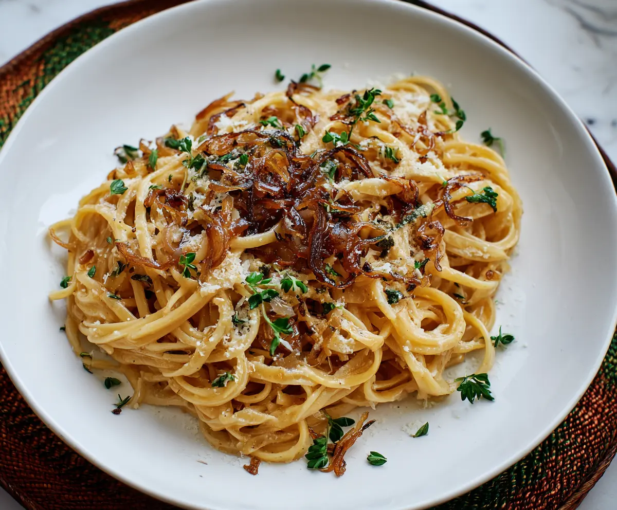 Delicious caramel onion pasta served on a white plate, garnished with herbs, showcasing a savory and sweet flavor combination.