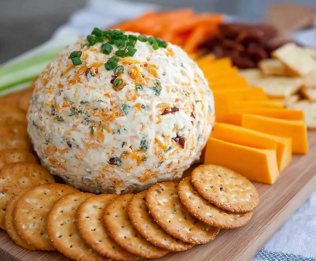 Creamy cheddar ranch cheeseball with herbs and crackers for appetizer.
