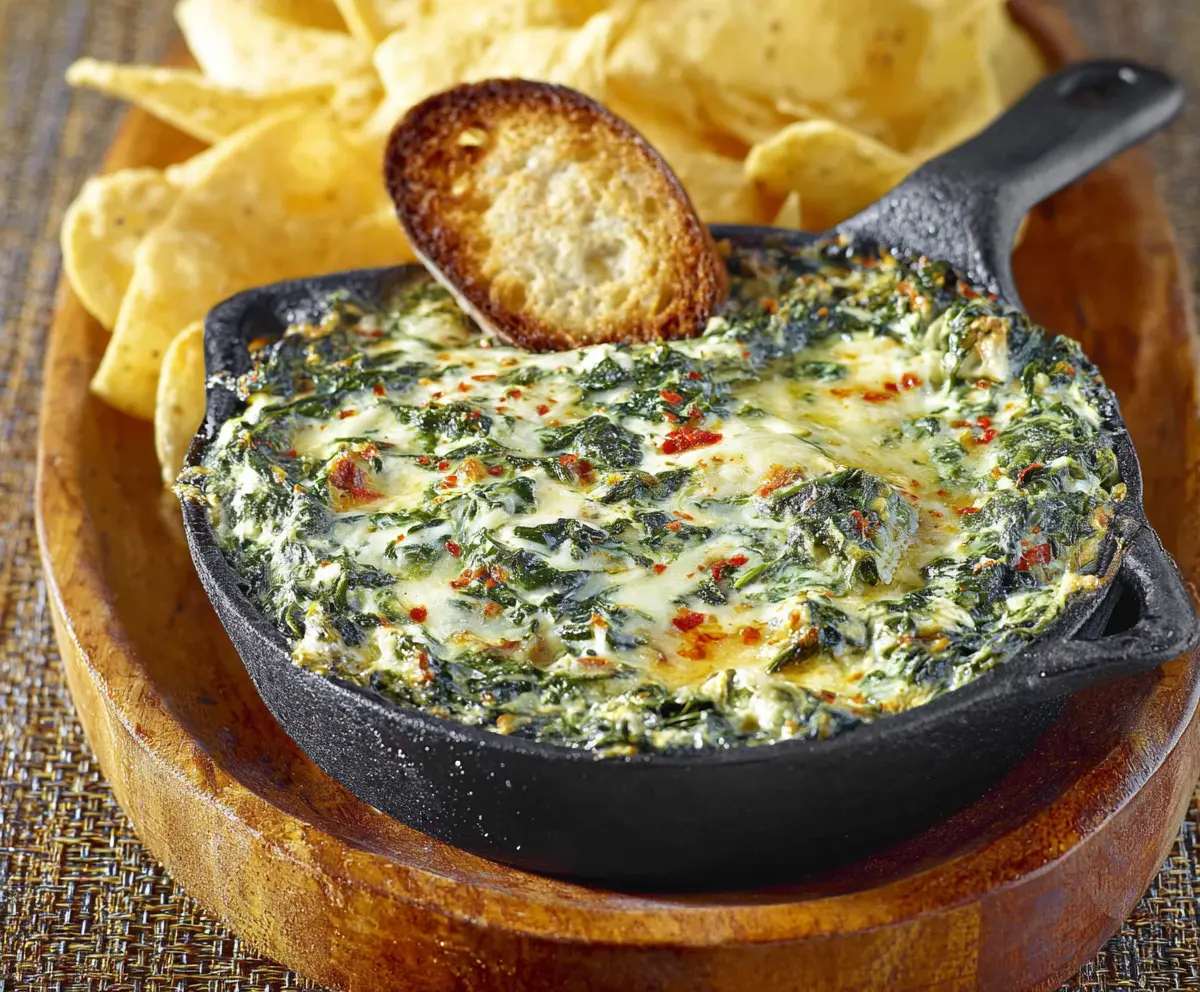 Delicious Cheddars Santa Fe Spinach Dip served with crispy chips, perfect for sharing at parties.