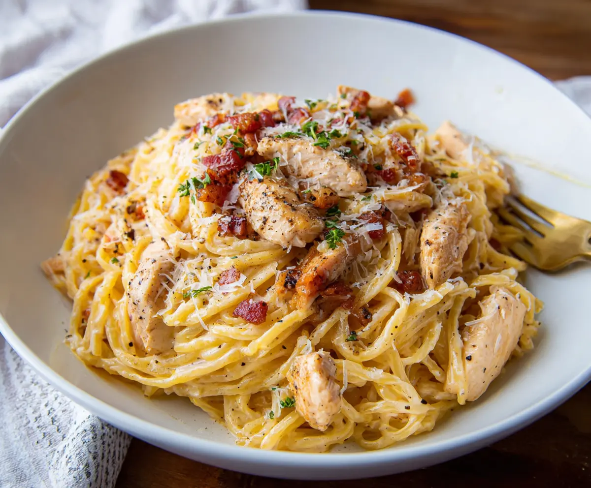 Delicious Chicken Carbonara Pasta with creamy sauce and tender chicken pieces on a white plate.
