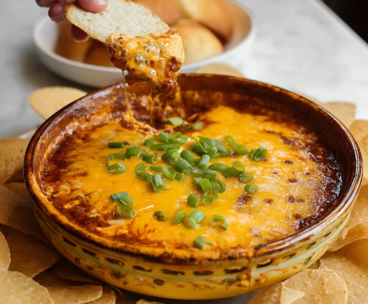 Creamy chili cheese dip served with tortilla chips, perfect for parties and snacks.
