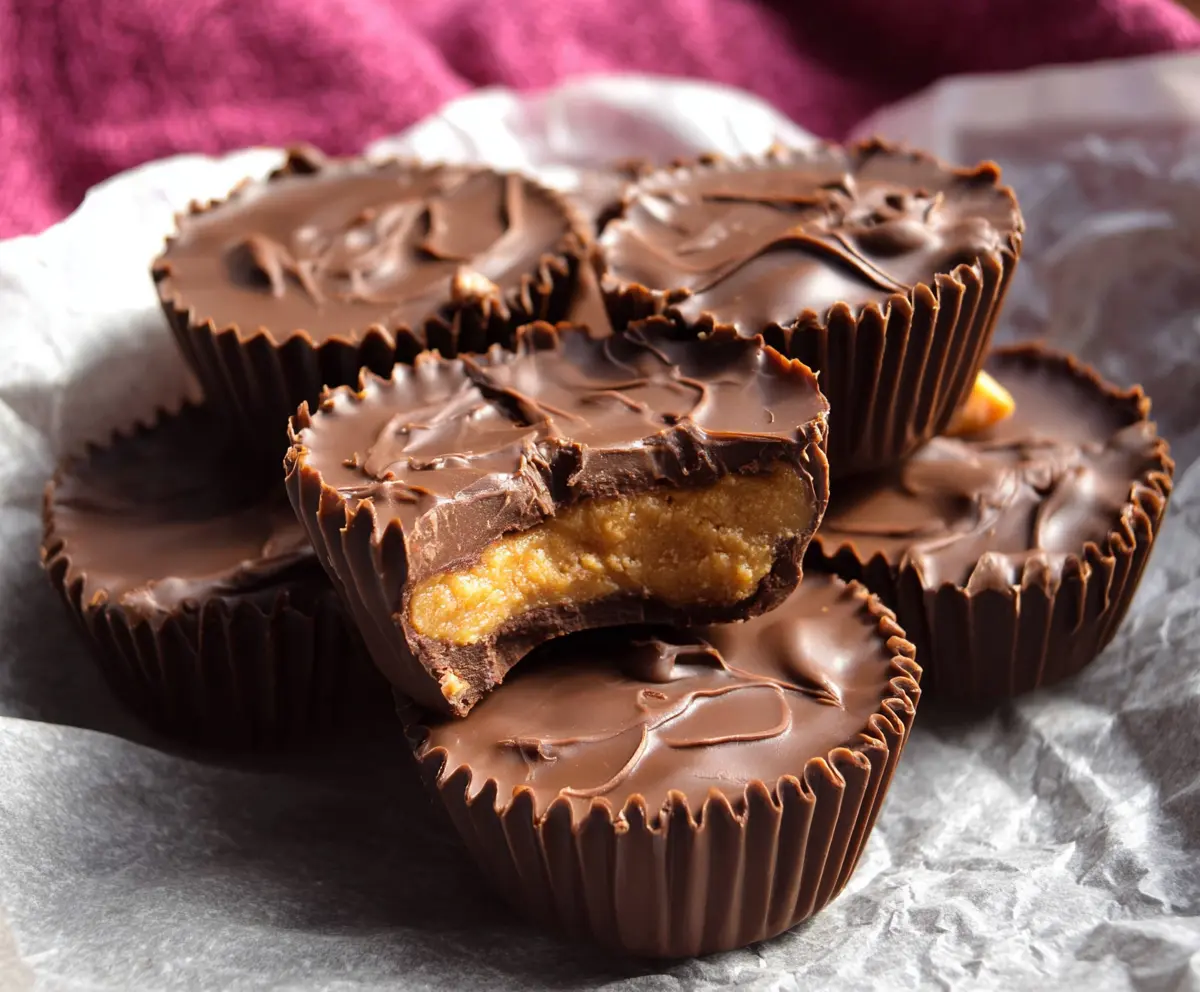 Delicious homemade chocolate peanut butter cups with a glossy finish and creamy filling.