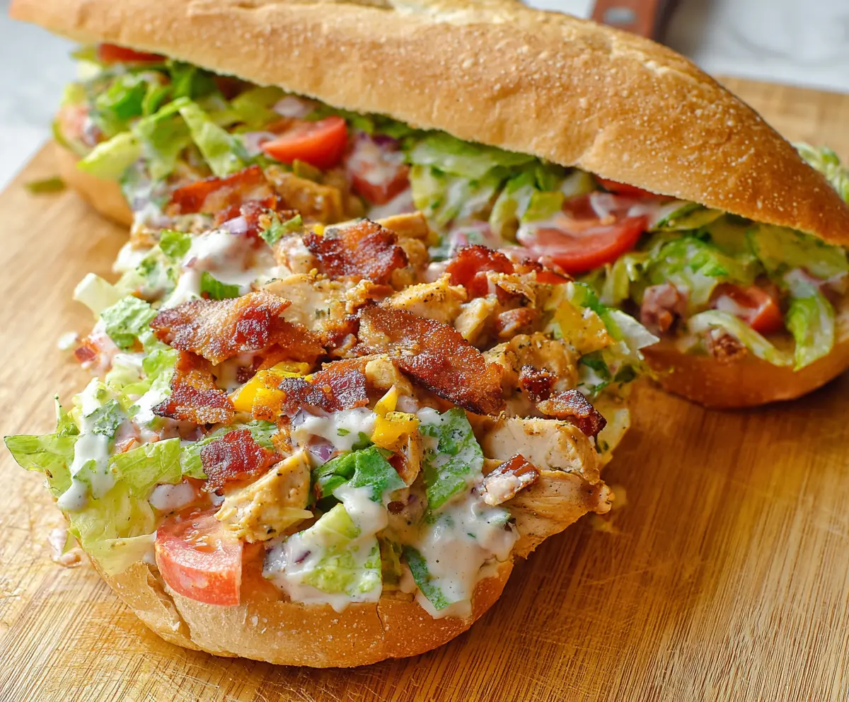 Delicious chopped chicken bacon ranch sandwich with crispy bacon and fresh lettuce