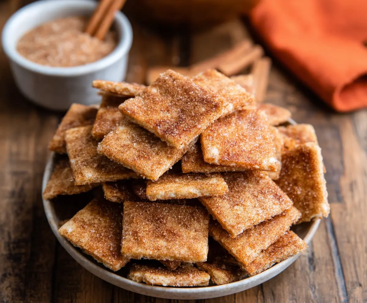 Cinnamon Sugar Sourdough Crackers on a plate, showcasing a golden-brown crunchy snack with cinnamon and sugar topping.