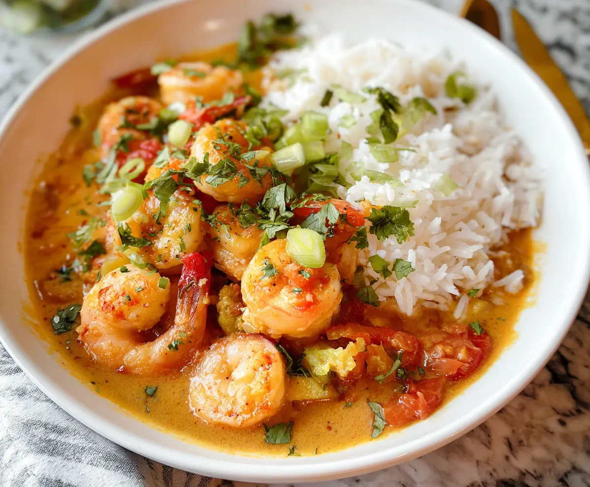 Delicious coconut curry shrimp served with fresh vegetables on a white plate.