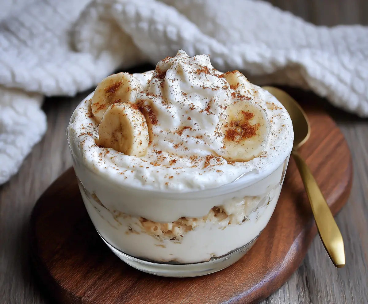 Delicious Cottage Cheese Banana Pudding served in a glass bowl, showcasing a creamy dessert with banana slices on top.
