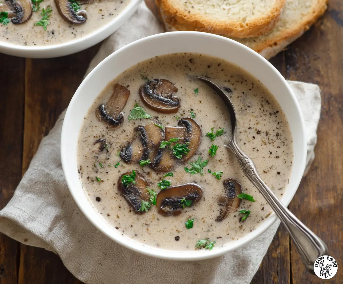 Creamy cottage cheese mushroom soup served in a bowl, garnished with fresh herbs.