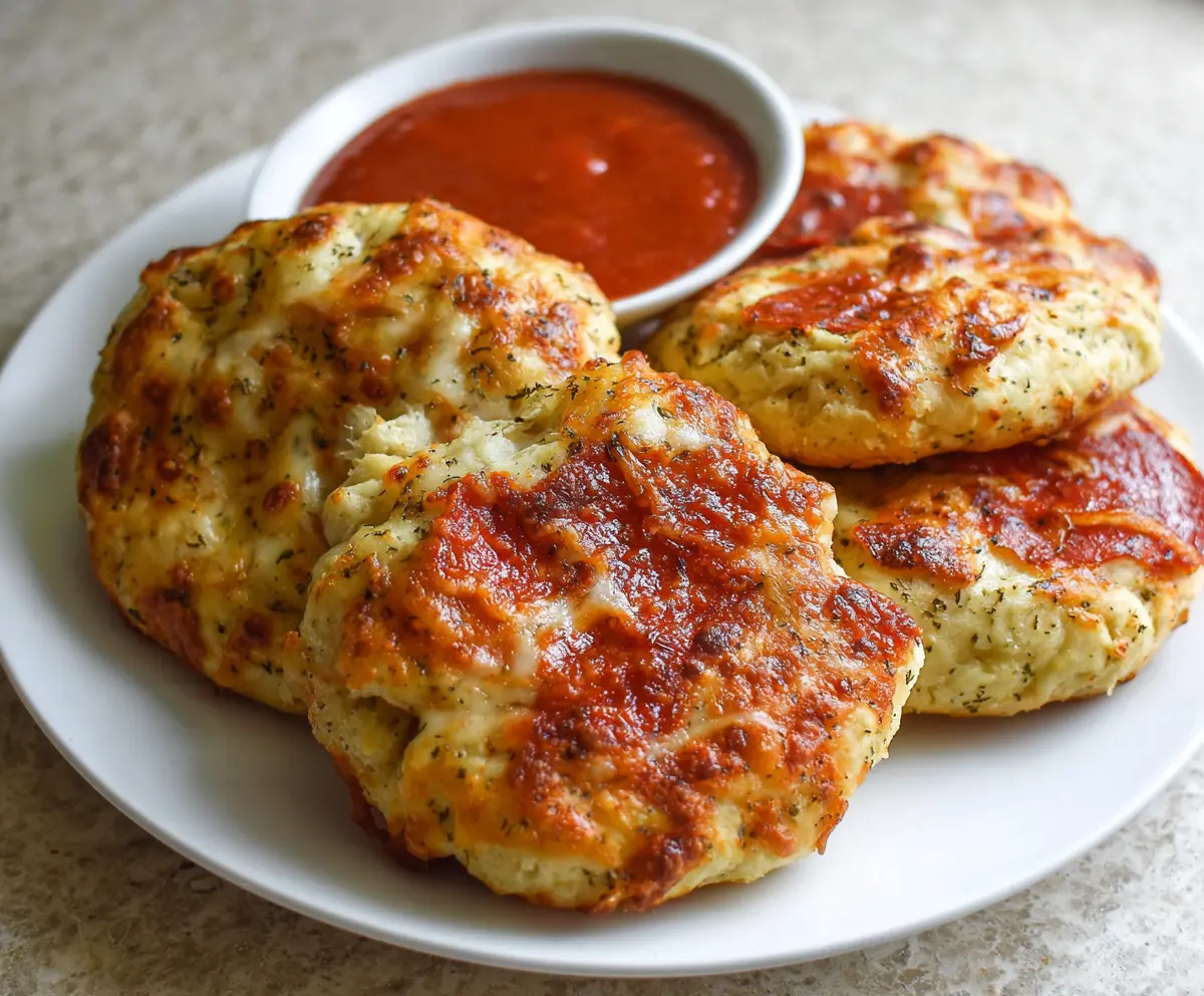 Delicious cottage cheese pizza buns fresh out of the oven, showing golden crust and melted cheese topping.