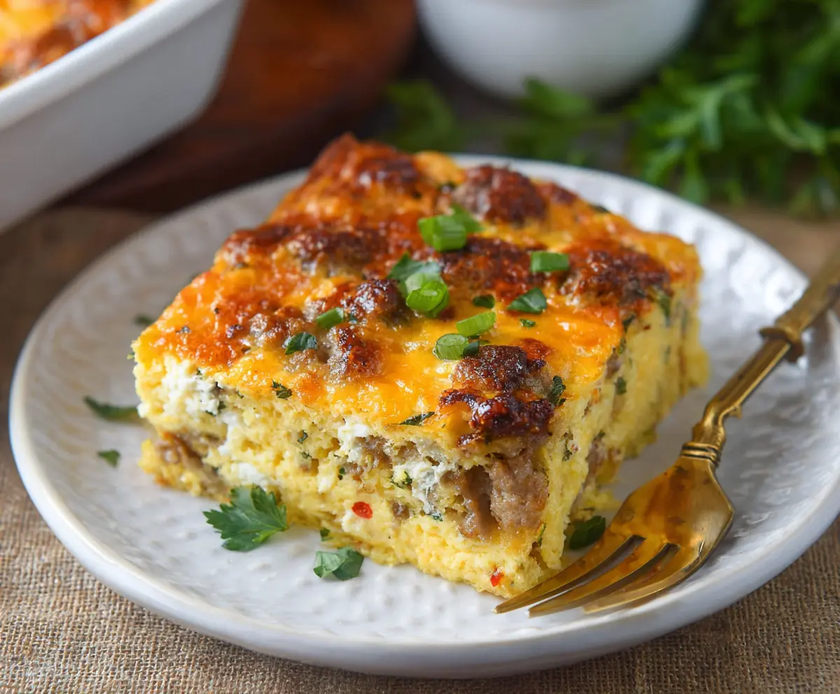 Delicious cottage cheese and turkey sausage breakfast casserole with eggs and vegetables