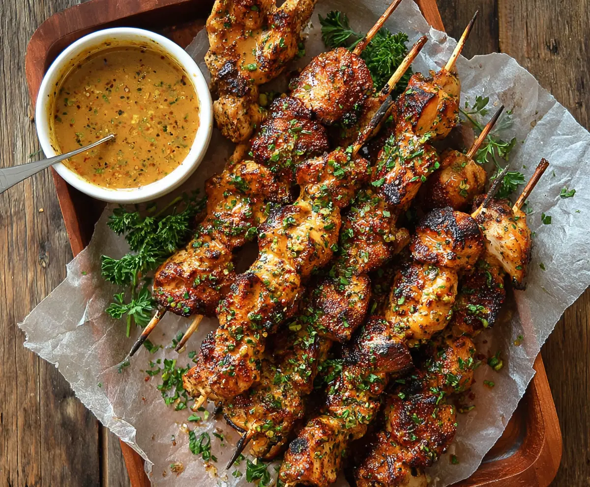 Juicy Cowboy Butter Chicken Skewers grilled to perfection on a skewer with herbs and spices.