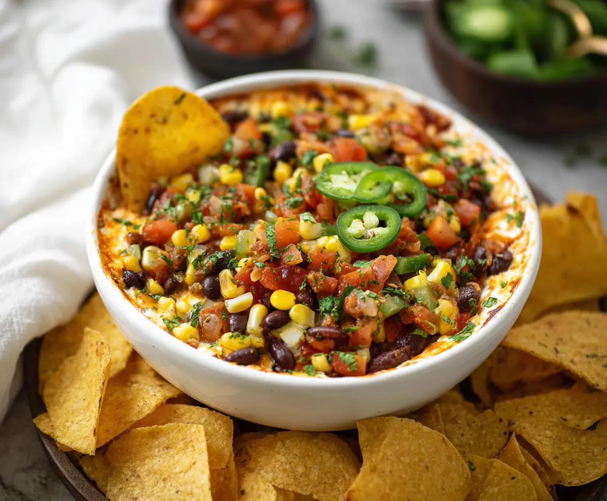 Creamy Cowboy Dip served with crispy chips, perfect for parties and gatherings