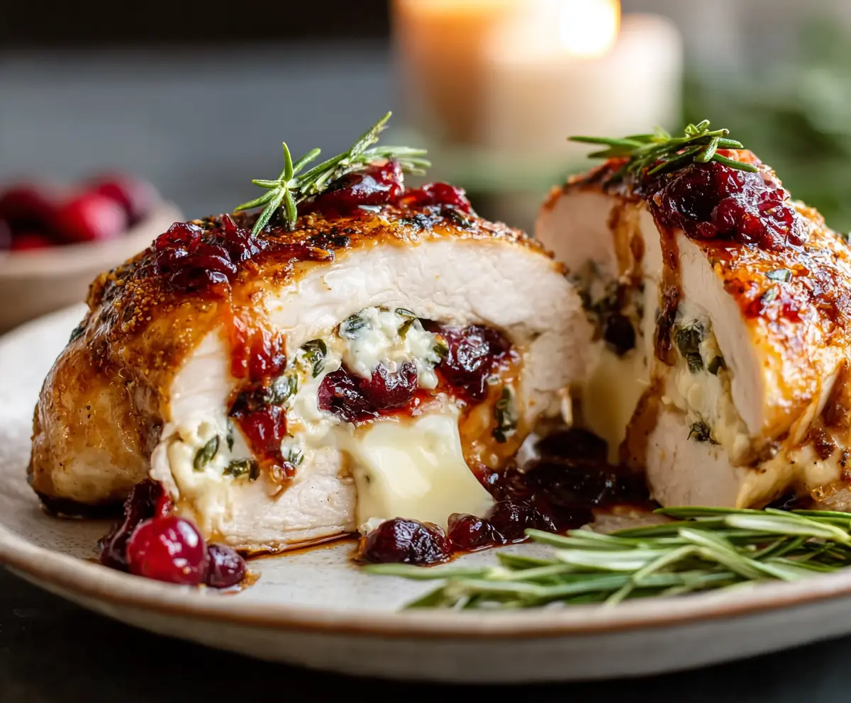 Oven-baked cranberry Brie stuffed chicken breast garnished with fresh herbs, served on a white plate.