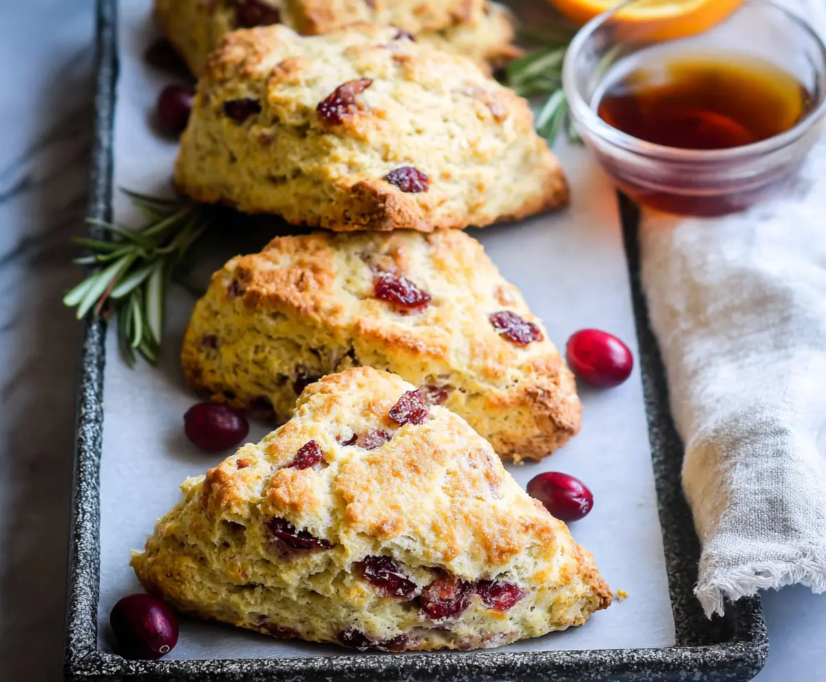 Delicious Cranberry Orange Sourdough Scones on a rustic baking tray with fresh cranberries and orange zest