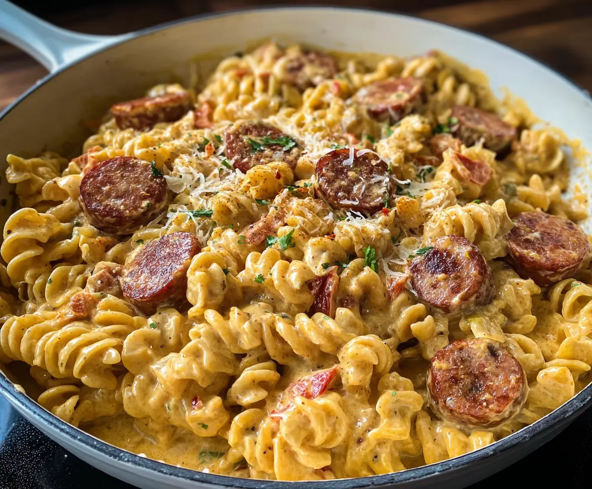 Creamy Cajun Sausage Pasta with flavorful spices and creamy sauce on dinner plate.