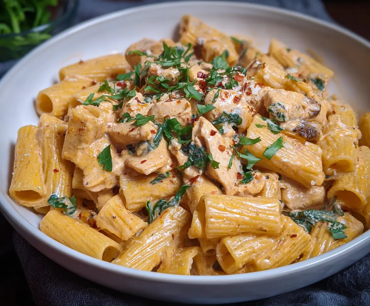 Delicious creamy chicken rigatoni pasta dish topped with herbs and cheese