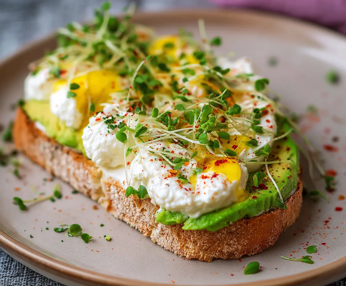 Delicious creamy cottage cheese avocado toast garnished with fresh herbs, perfect for a healthy breakfast.