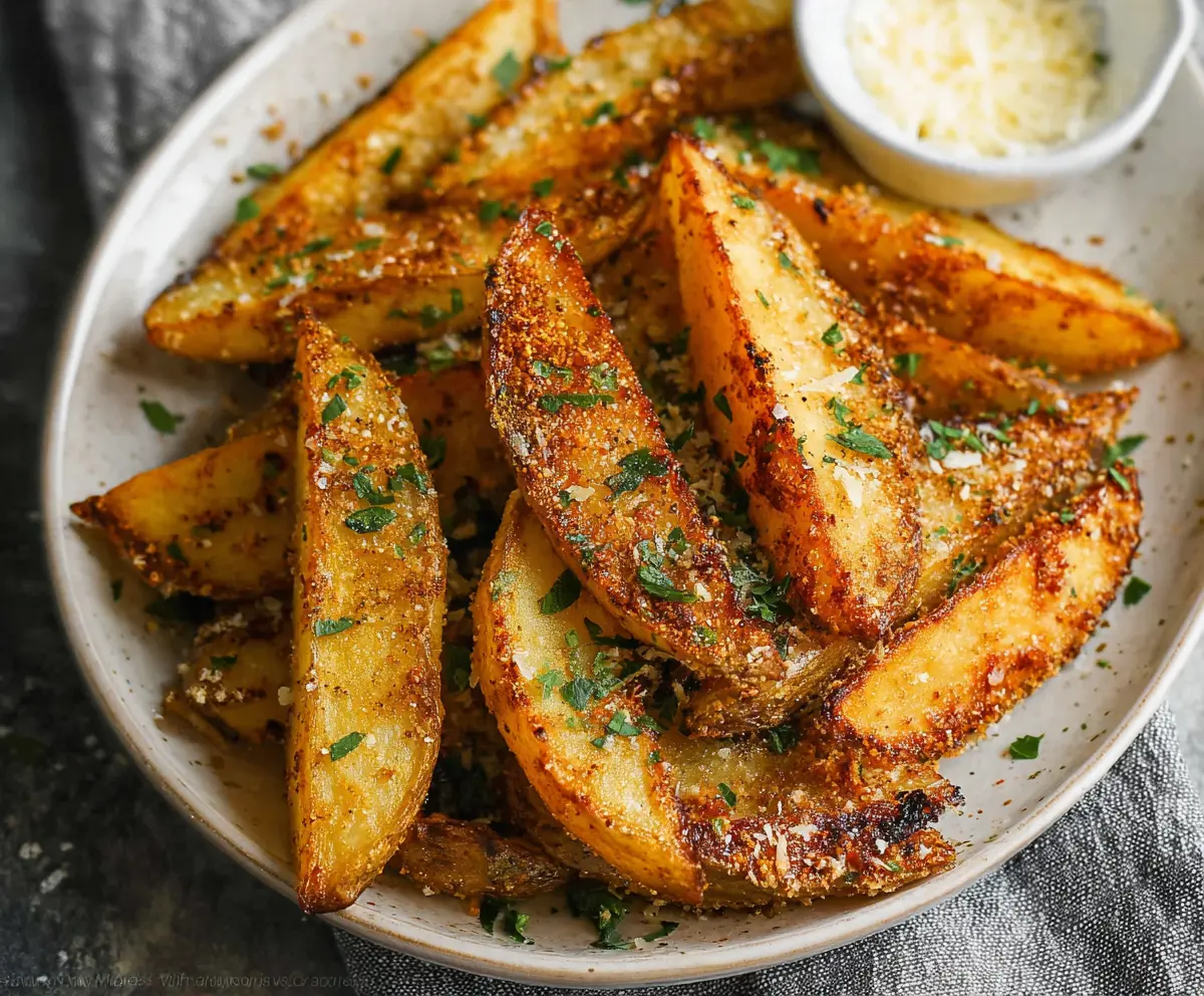 Golden crispy seasoned potato wedges served with fresh herbs.