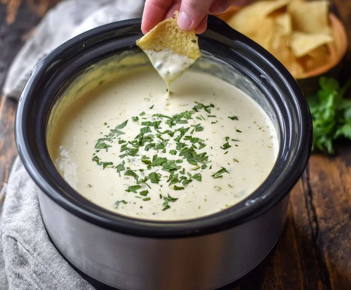 Creamy Crock Pot Queso Blanco Dip served in a white bowl with tortilla chips for dipping.