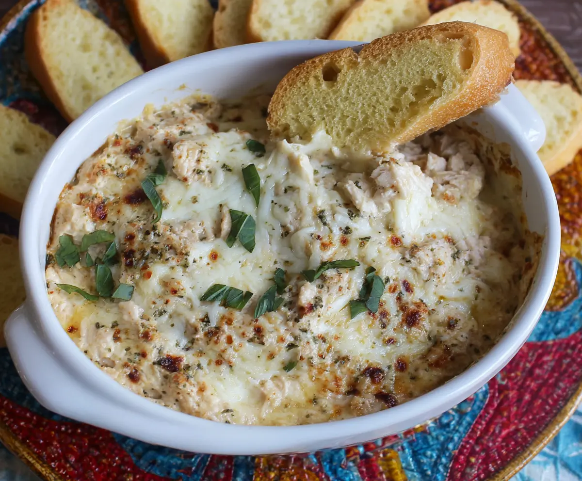 Delicious Crockpot Marry Me Chicken Dip served in a bowl with fresh herbs on the side