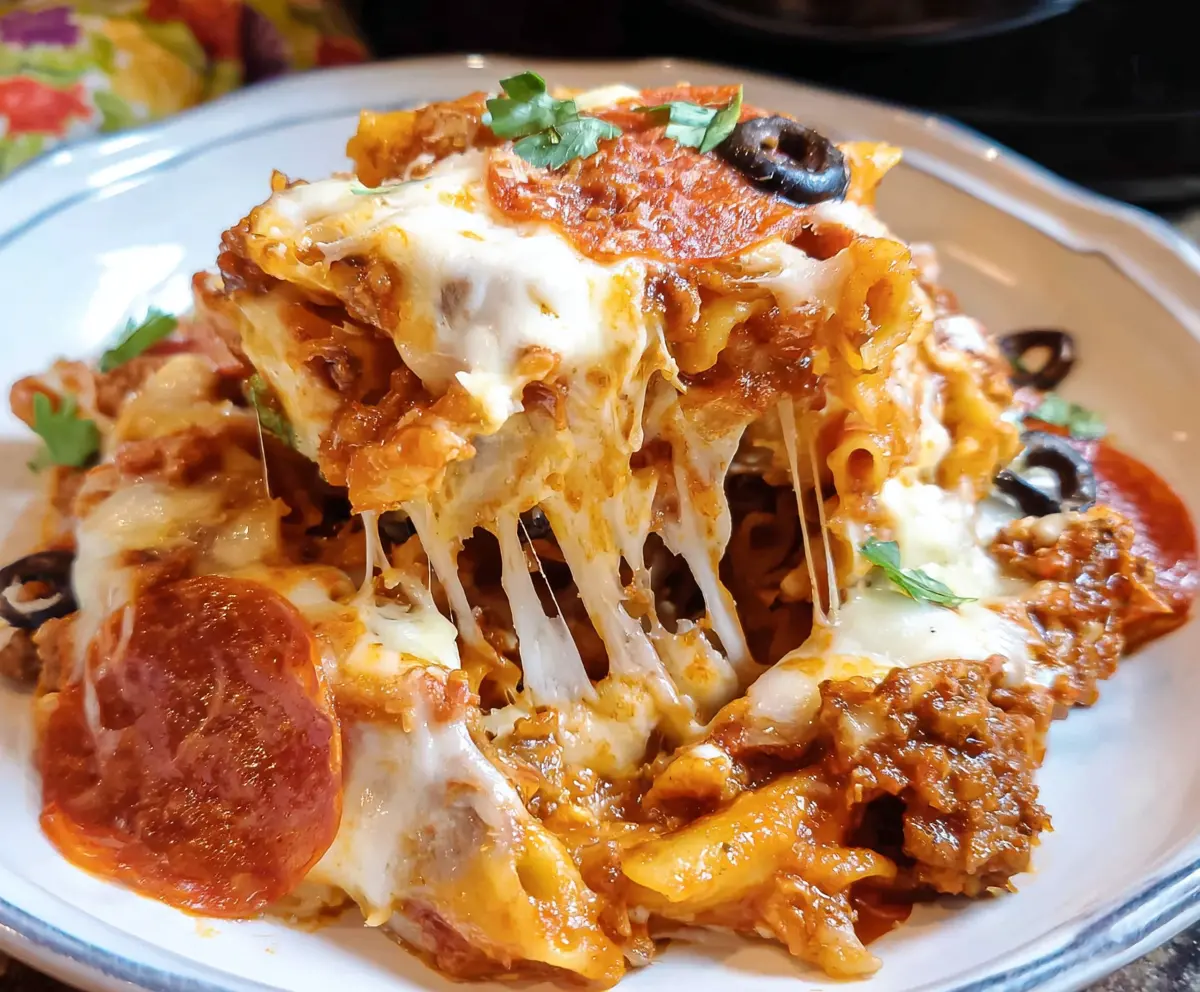 Delicious crockpot pizza casserole with melted cheese, pepperoni, and fresh herbs in a slow cooker.